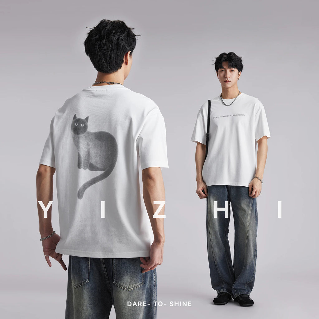 Fashion Men's Cat Letter Print T-Shirt 2026 Summer Loose Comfortable Breathable Casual Couple Short Sleeve Tops