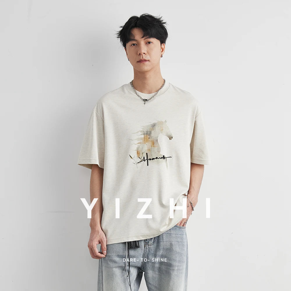 Men's Heavyweight 210g Modal Chinese Style Horse Print T-Shirt 2026 Summer Crew Neck Loose Soft Breathable Short Sleeve