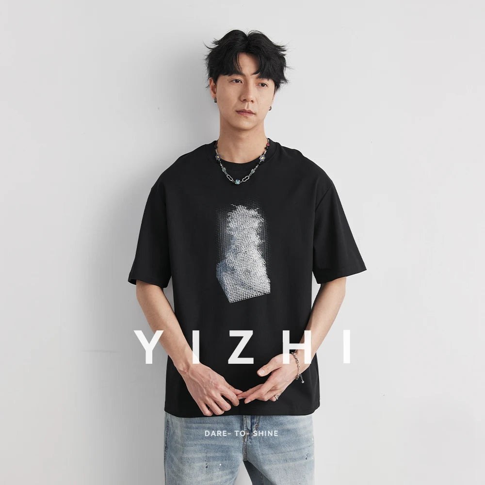 Men's Heavyweight 220g Cotton Gradient Grid T-Shirt, 2026 Summer Crew Neck Loose Street Fashion Breathable Short Sleeve