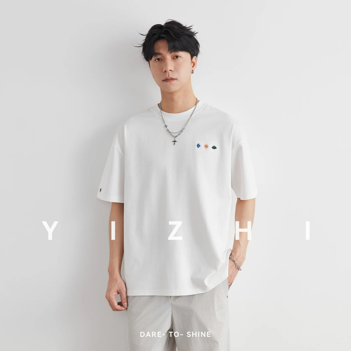 Fashion Men's Heavyweight 230g Embroidered T-Shirt 2026 Summer New Crew Neck Loose Casual Versatile Short Sleeve Top
