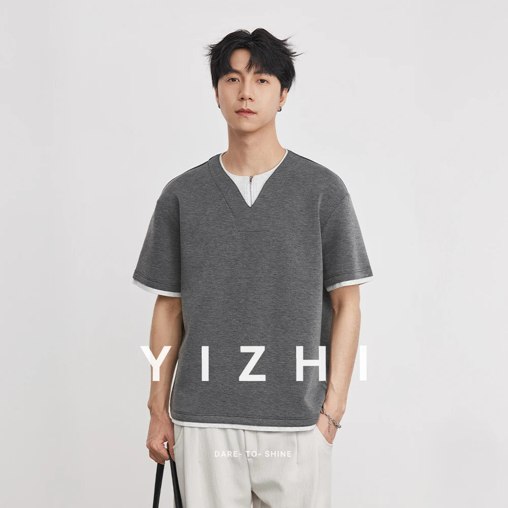 Fashion 260g Fake Two-Piece Half-Button Crew Neck Short Sleeve T-Shirt Men Summer 2026 New Casual Tops