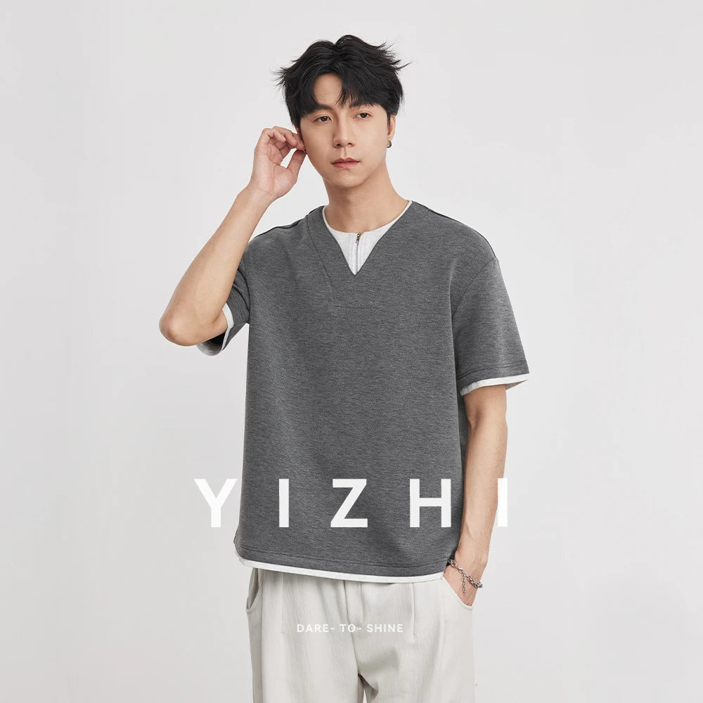 Fashion 260g Fake Two-Piece Half-Button Crew Neck Short Sleeve T-Shirt Men Summer 2026 New Casual Tops