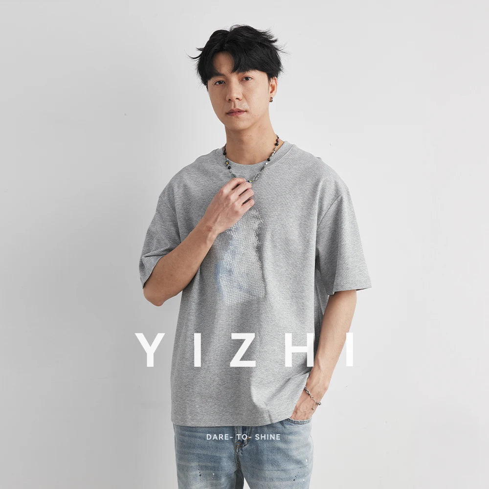 Men's Heavyweight 220g Cotton Gradient Grid T-Shirt, 2026 Summer Crew Neck Loose Street Fashion Breathable Short Sleeve