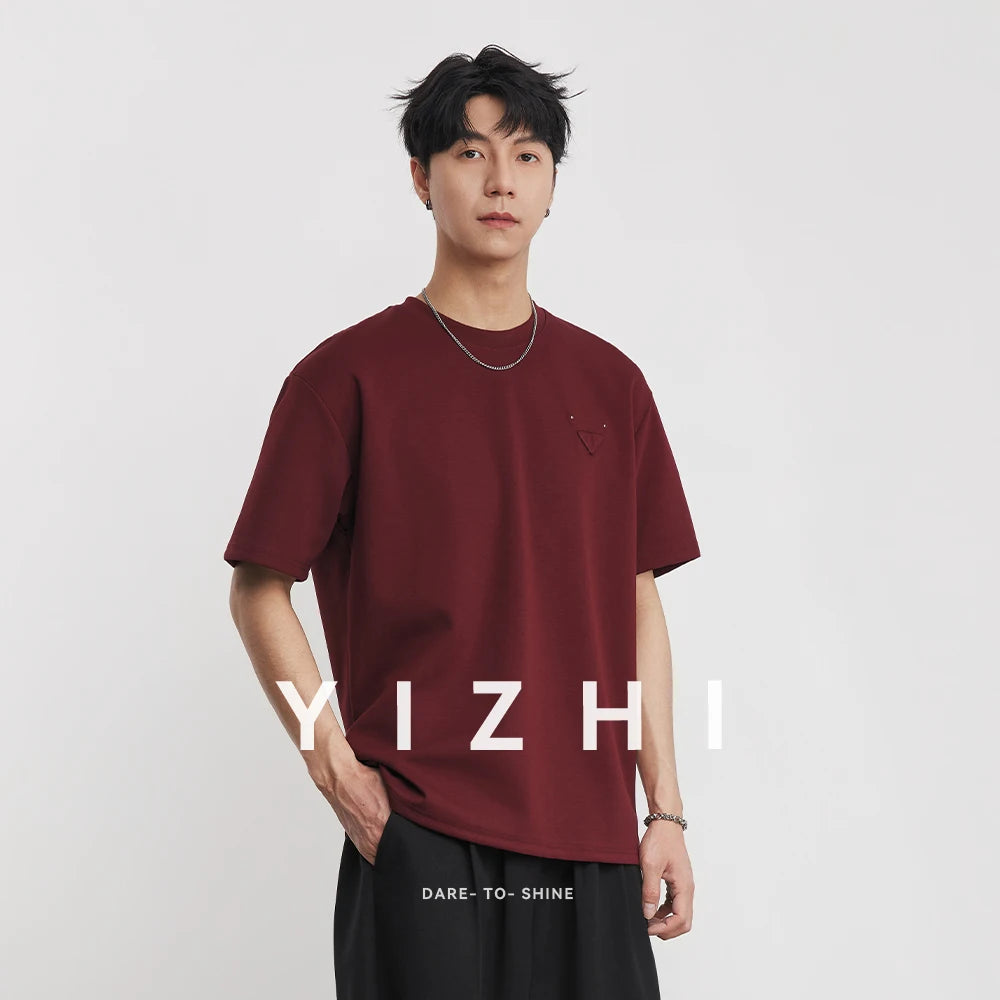 Men's Heavyweight 280g 2026 Summer New Cotton Solid Color Short Sleeve T-Shirt Crew Neck Triangle Label All-match Minimalist Tee