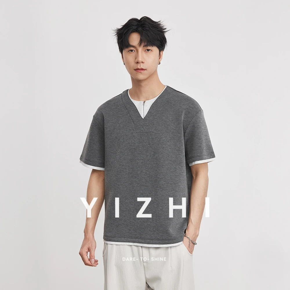 Fashion 260g Fake Two-Piece Half-Button Crew Neck Short Sleeve T-Shirt Men Summer 2026 New Casual Tops