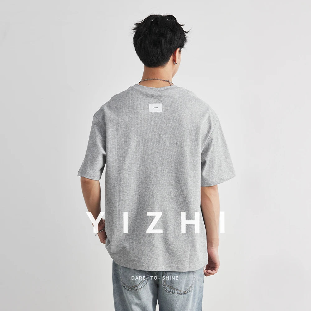 Men's Heavyweight 220g Cotton Gradient Grid T-Shirt, 2026 Summer Crew Neck Loose Street Fashion Breathable Short Sleeve