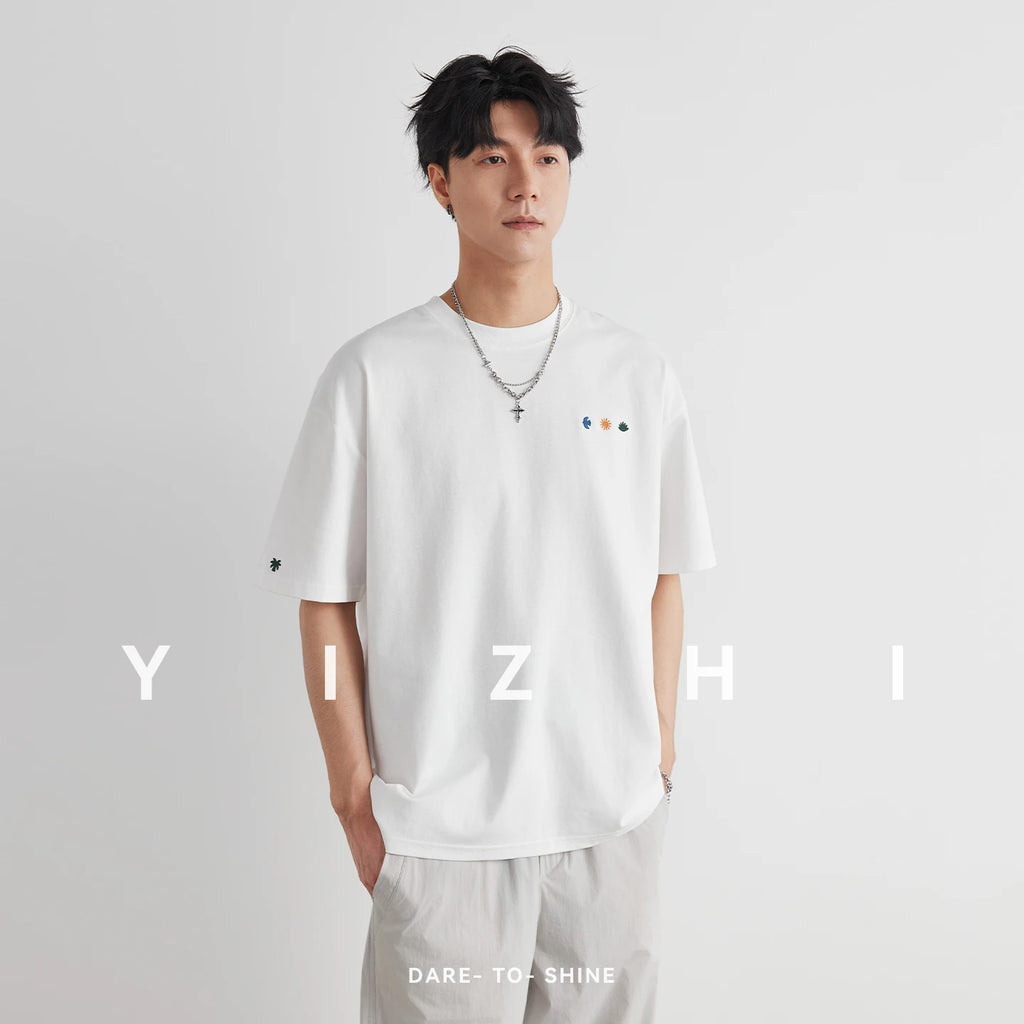 Fashion Men's Heavyweight 230g Embroidered T-Shirt 2026 Summer New Crew Neck Loose Casual Versatile Short Sleeve Top