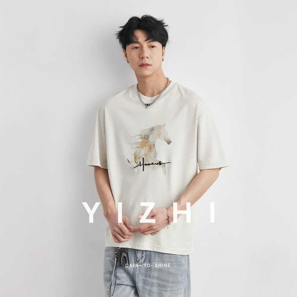 Men's Heavyweight 210g Modal Chinese Style Horse Print T-Shirt 2026 Summer Crew Neck Loose Soft Breathable Short Sleeve