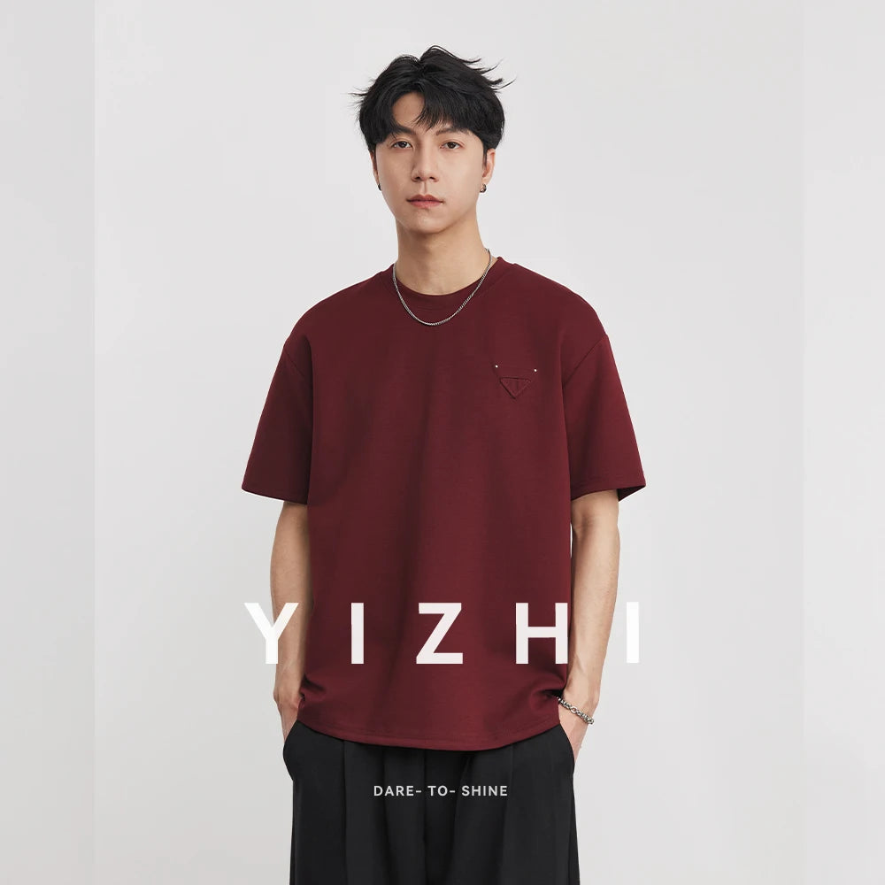 Men's Heavyweight 280g 2026 Summer New Cotton Solid Color Short Sleeve T-Shirt Crew Neck Triangle Label All-match Minimalist Tee
